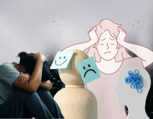 Several images depicting sadness and mental health struggles over a rainy background