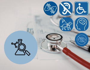 Image of a stethoscope with images related to different disabilities