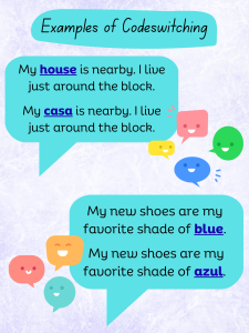 Examples of codeswitching in blue speech bubbles