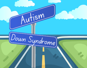 A sign post with two signs on it. One says autism and the other says Down syndrome. There is a road in the background