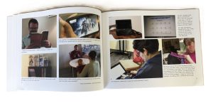 Pages from the photovoice book showing eight photos of individuals doing different hobbies at home like reading, playing video games and board games, and knitting.