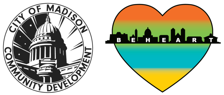 "City of Madison Community Development" in writing in a circle around a drawing of the Madison capital building. & Rainbow heart with silhouette of Madison skyline and "Be Heart" written on it.