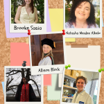 Individual polaroid photos of four women and a man pinned to a bulletin board