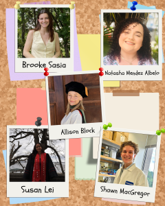 Individual polaroid photos of four women and a man pinned to a bulletin board