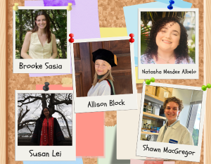 Individual polaroid photos of four women and a man pinned to a bulletin board