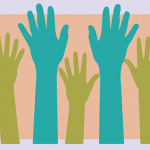 Ten green, blue and orange raised hands illustration.